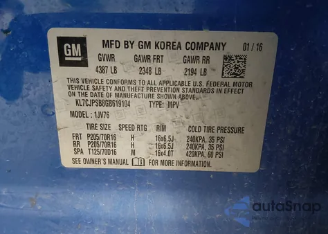 2016 Chevrolet Trax Lt from USA, damaged, VIN KL7CJPSB8GB619104